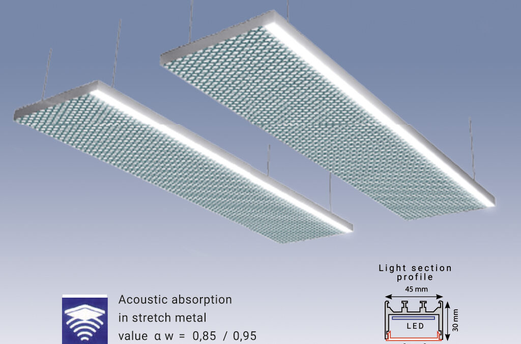 Pannello acustico in lamiera stirata e luce LED